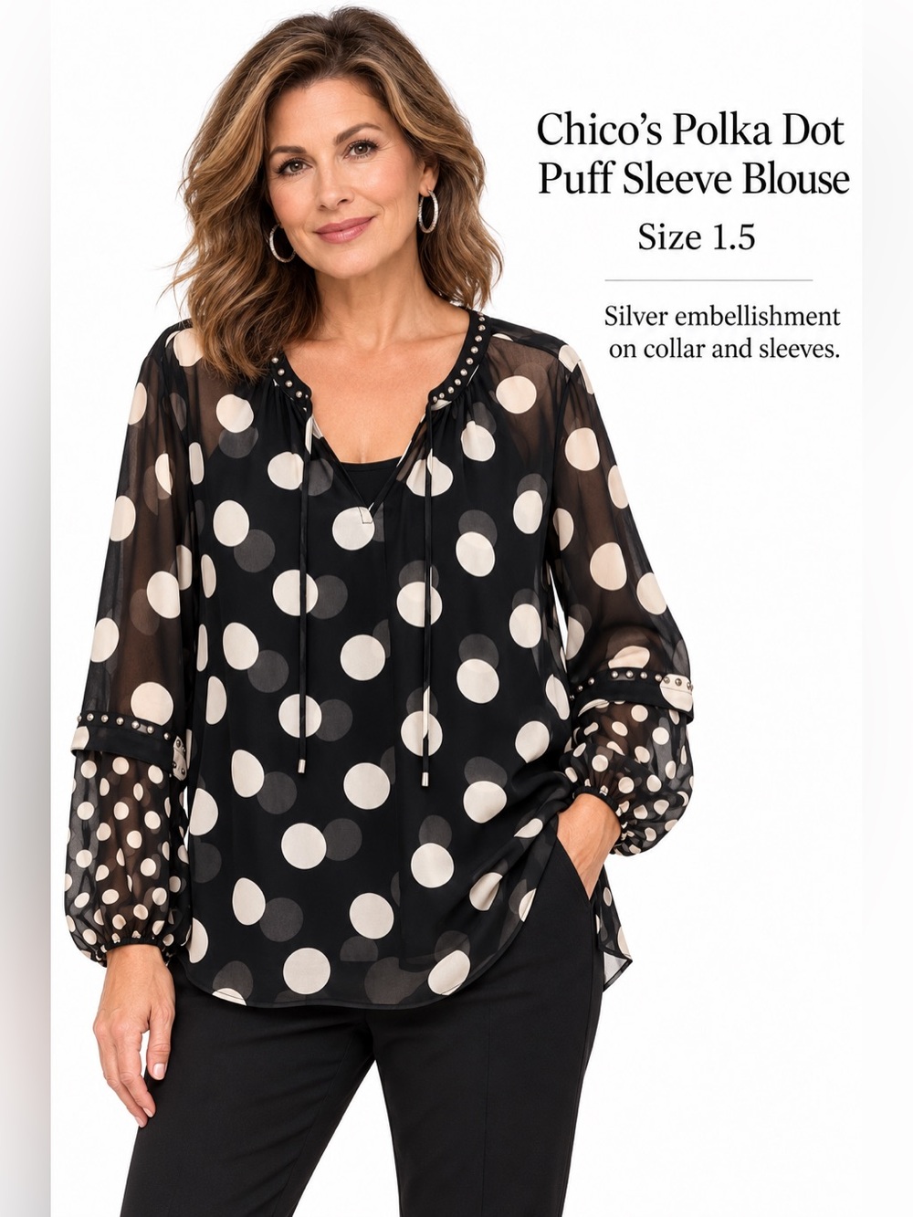 Chico's Black and Cream Polka Dot Puff Sleeve Blouse - Size 10